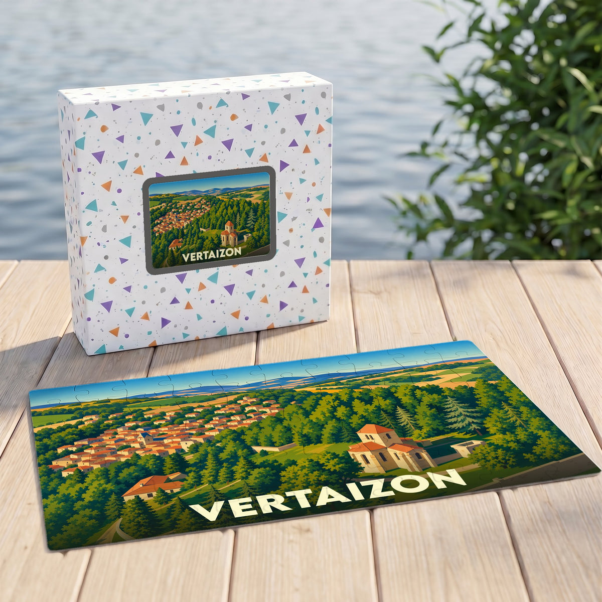 Puzzle souvenir de la ville de Vertaizon présentant une illustration colorée et stylisée de son paysage urbain et naturel.