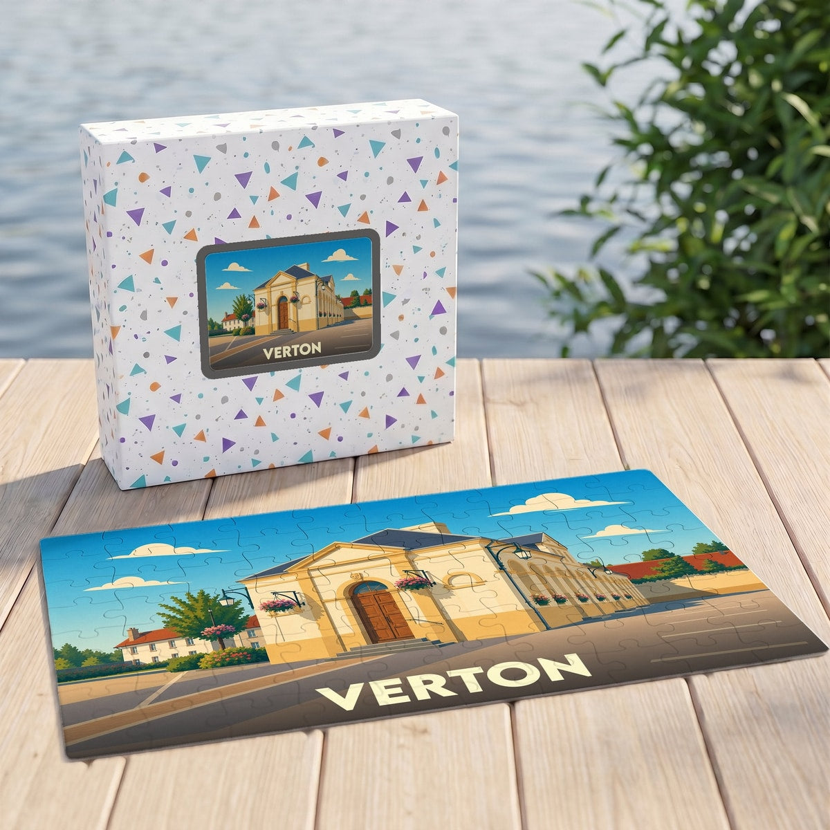 Puzzle souvenir de la ville de Verton avec une illustration stylisée du patrimoine local.