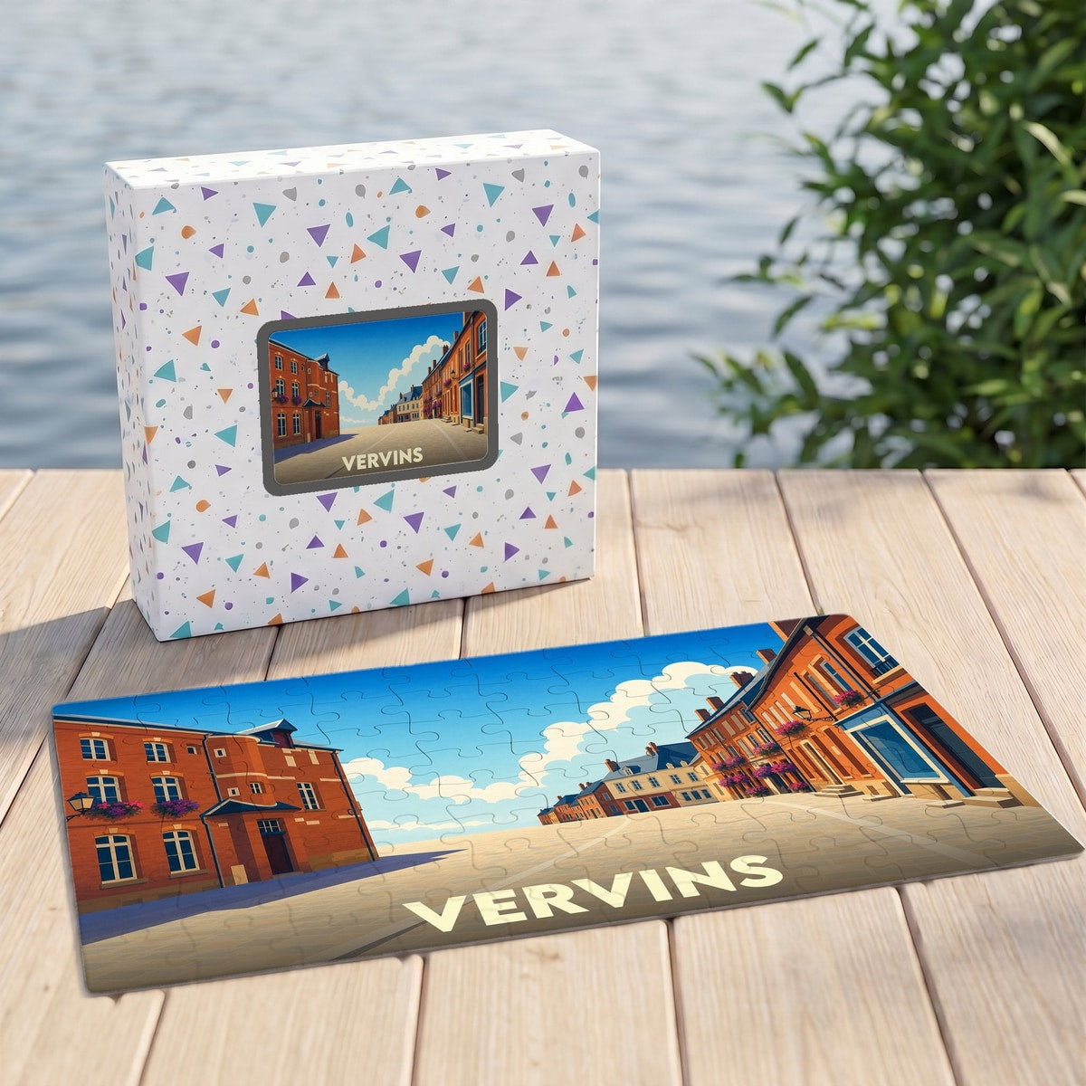 Puzzle souvenir de la ville de Vervins avec une illustration stylisée d'une rue typique.