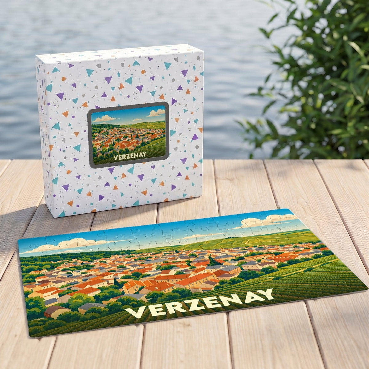 Puzzle souvenir de la ville de Verzenay avec une illustration panoramique stylisée.