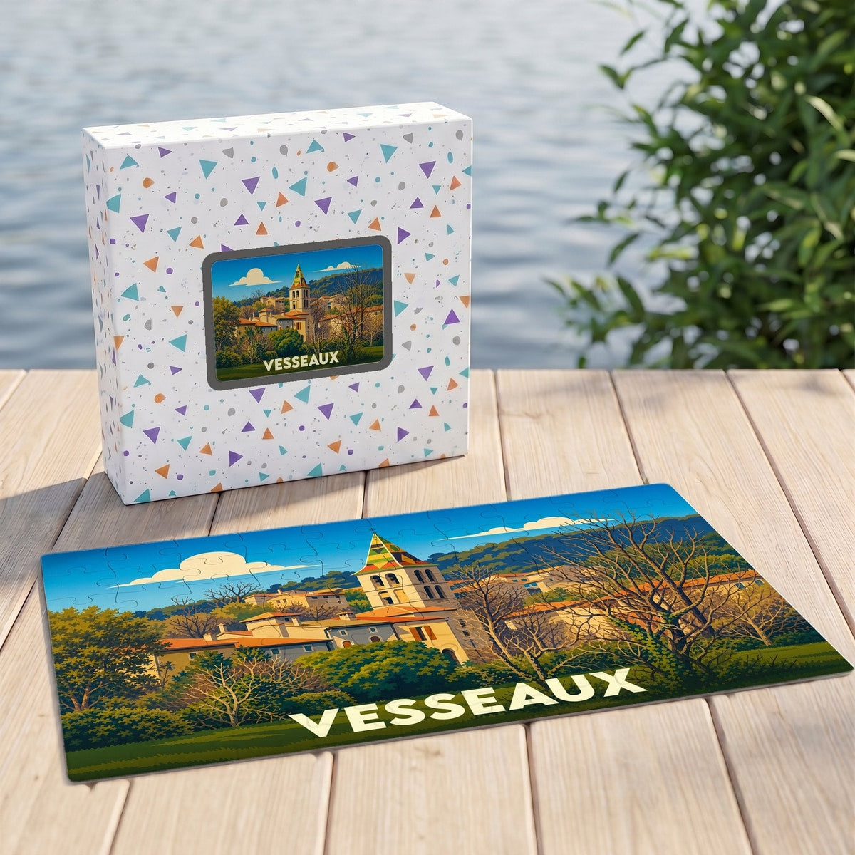 Puzzle souvenir de la ville de Vesseaux présentant une illustration stylisée de ses paysages et de son architecture.