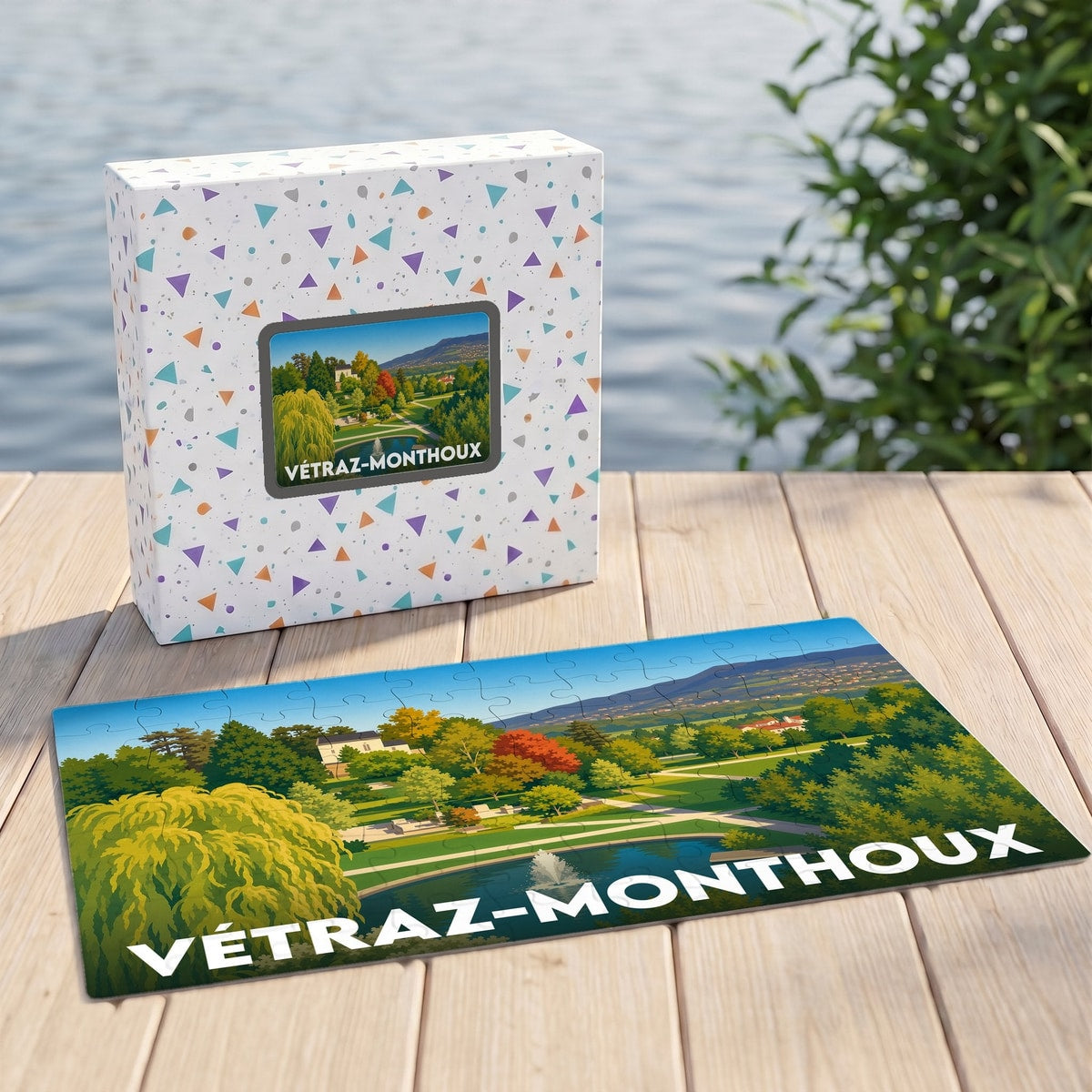 Puzzle souvenir de la ville de Vétraz-Monthoux avec une illustration stylisée d'un parc paysager.