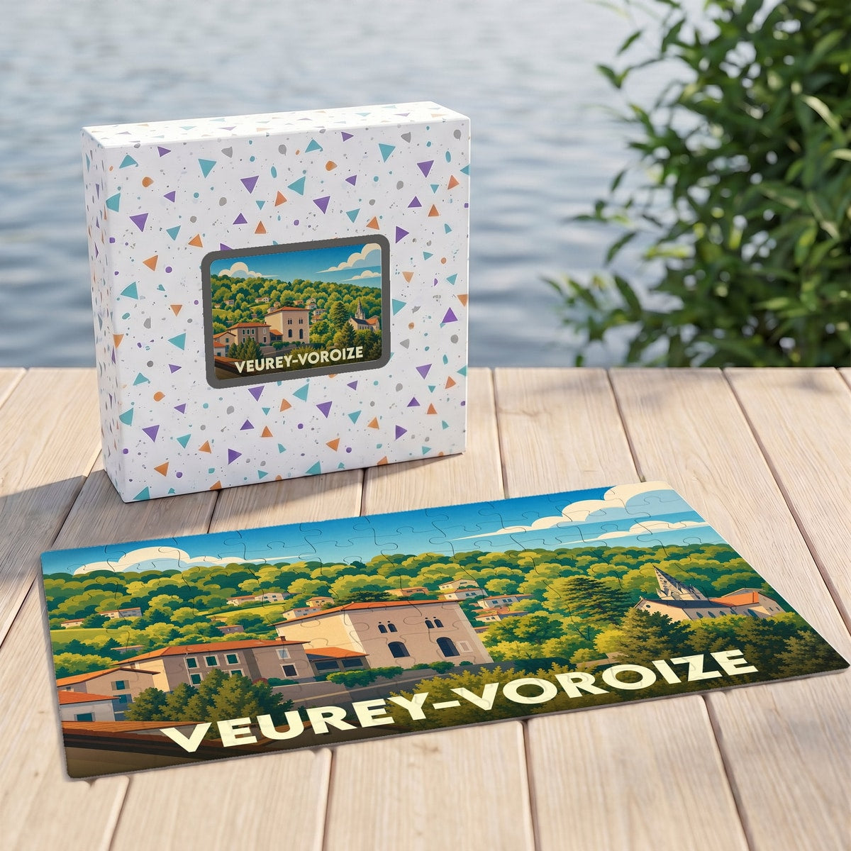 Puzzle souvenir de la ville de Veurey-Voroize avec une illustration stylisée de son paysage urbain et verdoyant.