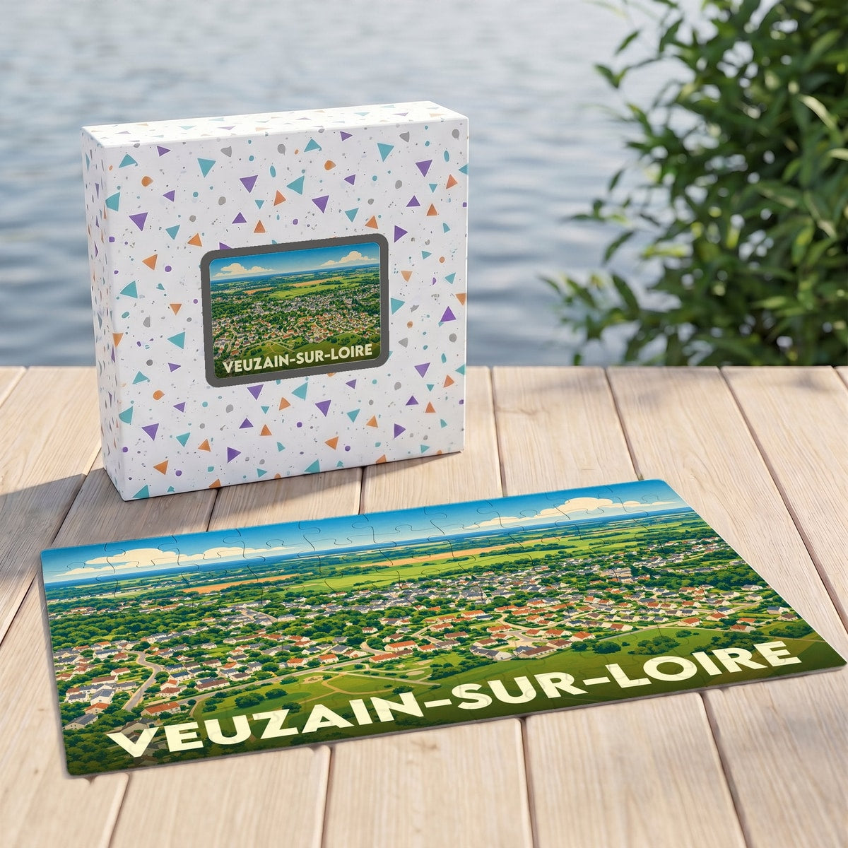 Puzzle souvenir de la ville de Veuzain-sur-Loire présentant une illustration aérienne colorée.