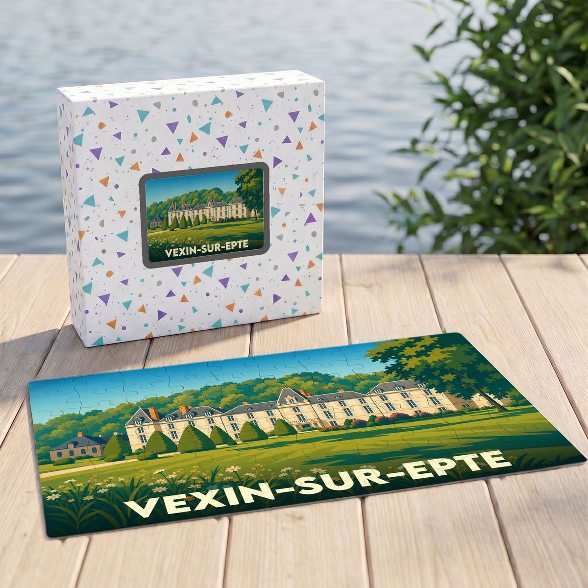 Puzzle souvenir de la ville de Vexin-sur-Epte avec une illustration stylisée d'un château.