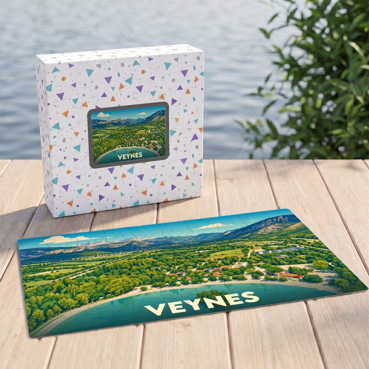 Puzzle souvenir de la ville de Veynes avec une illustration paysagère stylisée.