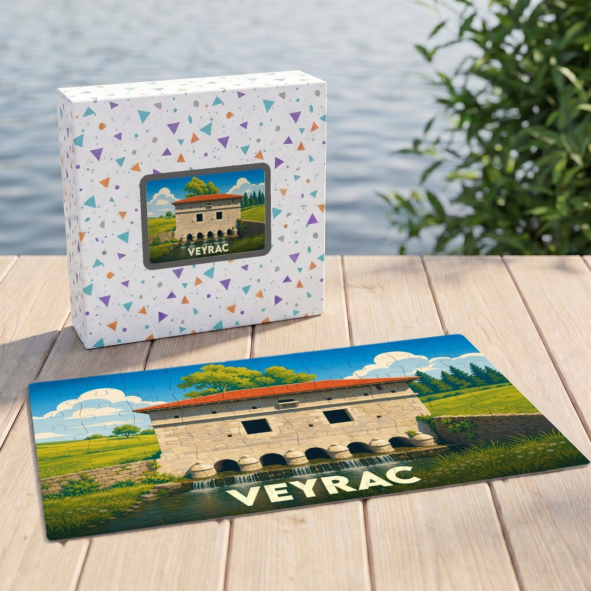 Puzzle souvenir de la ville de Veyrac avec une illustration stylisée d'un pont en pierre.