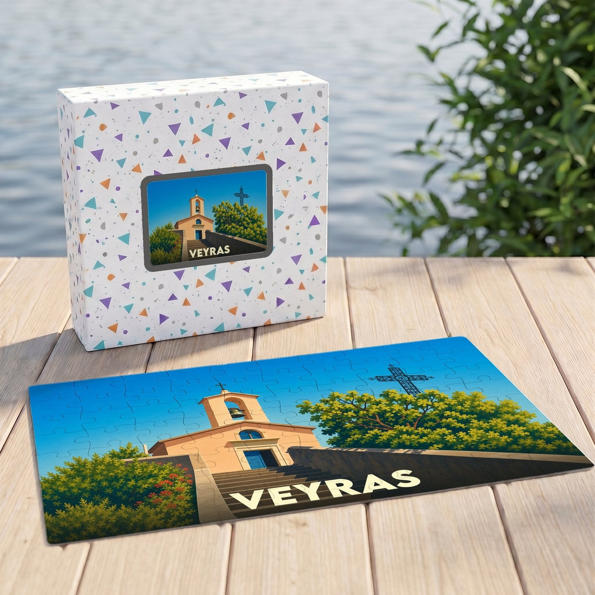 Puzzle souvenir de la ville de Veyras avec une illustration stylisée d'une église sous un ciel bleu.