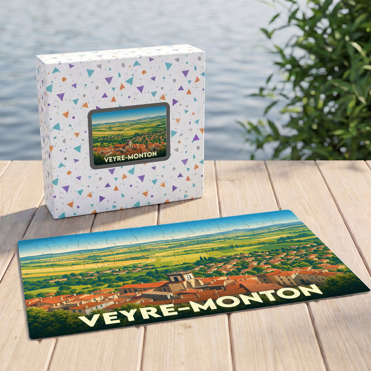 Puzzle souvenir de la ville de Veyre-Monton avec une illustration panoramique stylisée.
