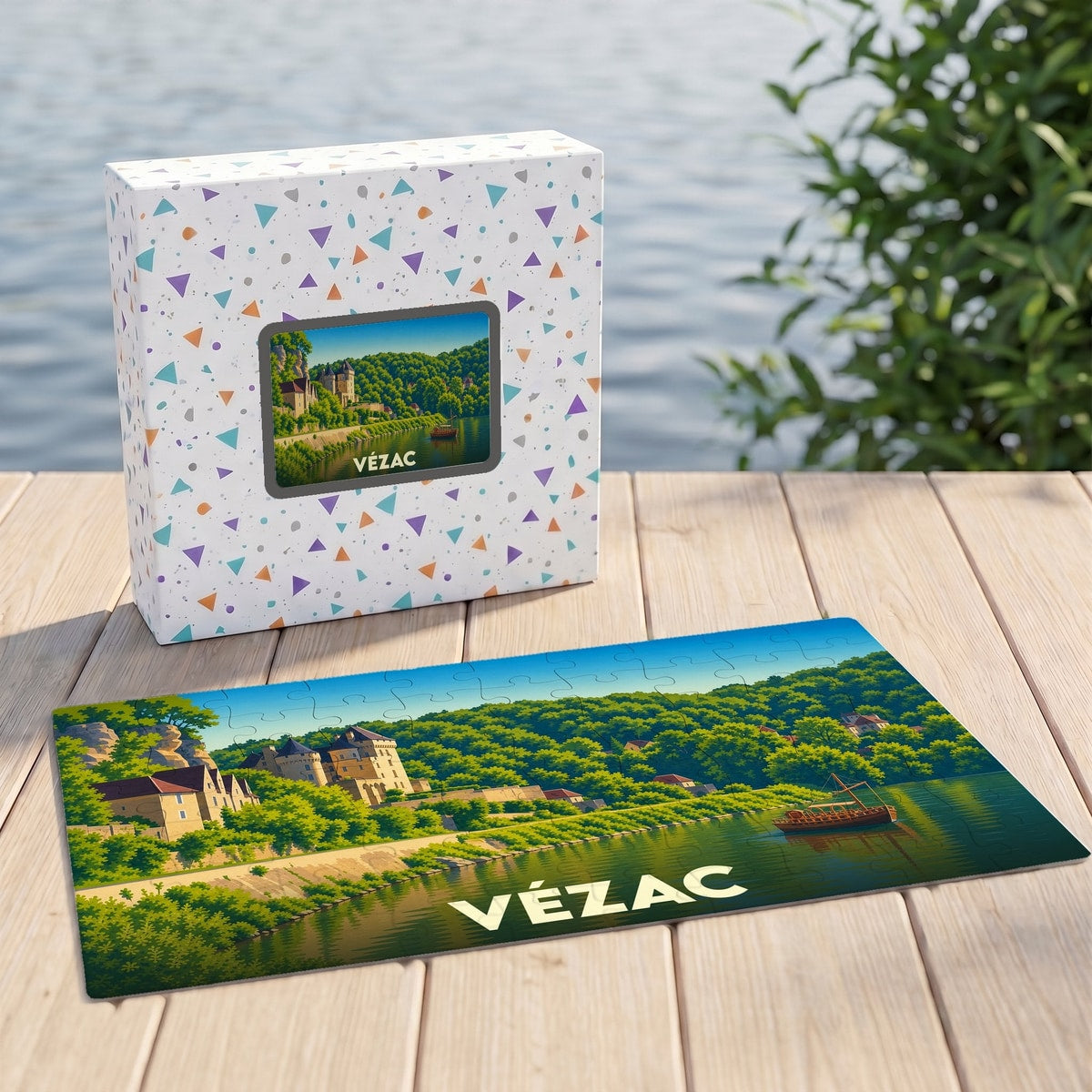 Puzzle souvenir de la ville de Vézac avec une illustration stylisée des bords de la Dordogne.