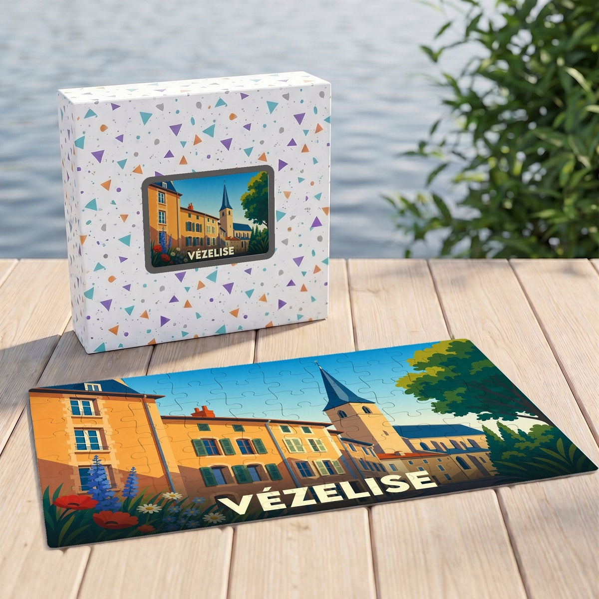 Puzzle souvenir de la ville de Vézelise avec une illustration stylisée et colorée.