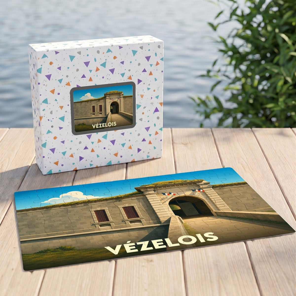 Puzzle souvenir de la ville de Vézelois représentant une illustration stylisée de son fort.