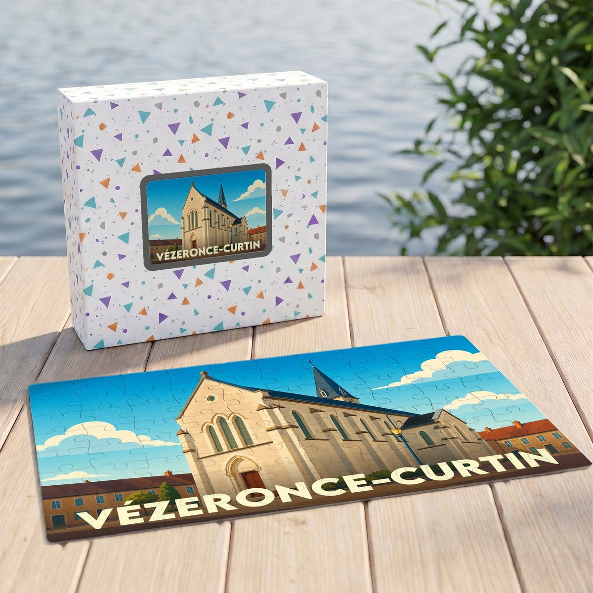 Puzzle souvenir de la ville de Vézeronce-Curtin avec une illustration stylisée de son église.