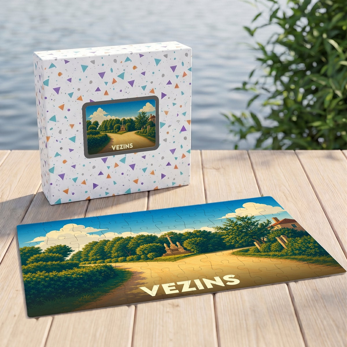 Puzzle souvenir de la ville de Vezins représentant un paysage champêtre illustré.