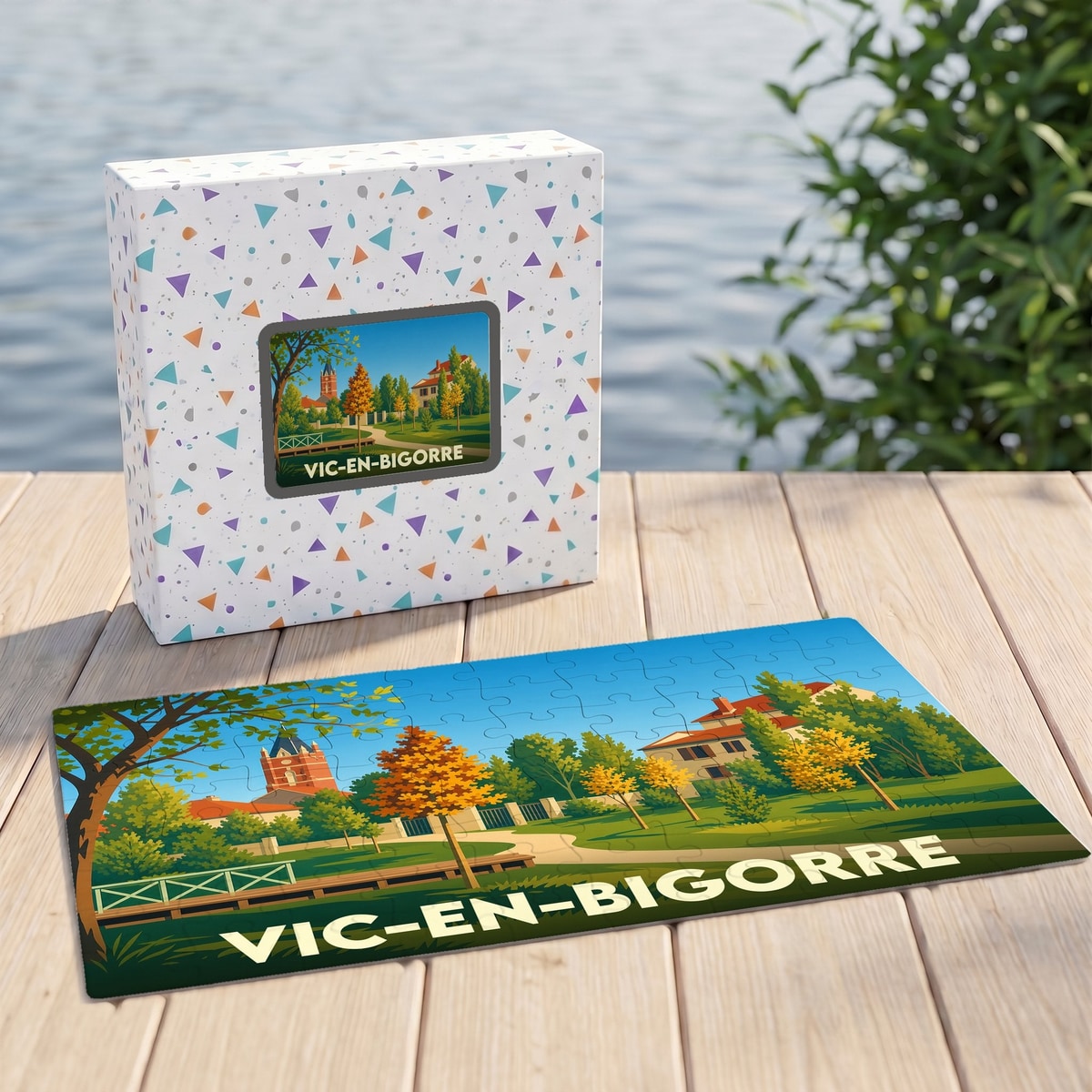 Puzzle souvenir de la ville de Vic-en-Bigorre avec une illustration paysagère stylisée.