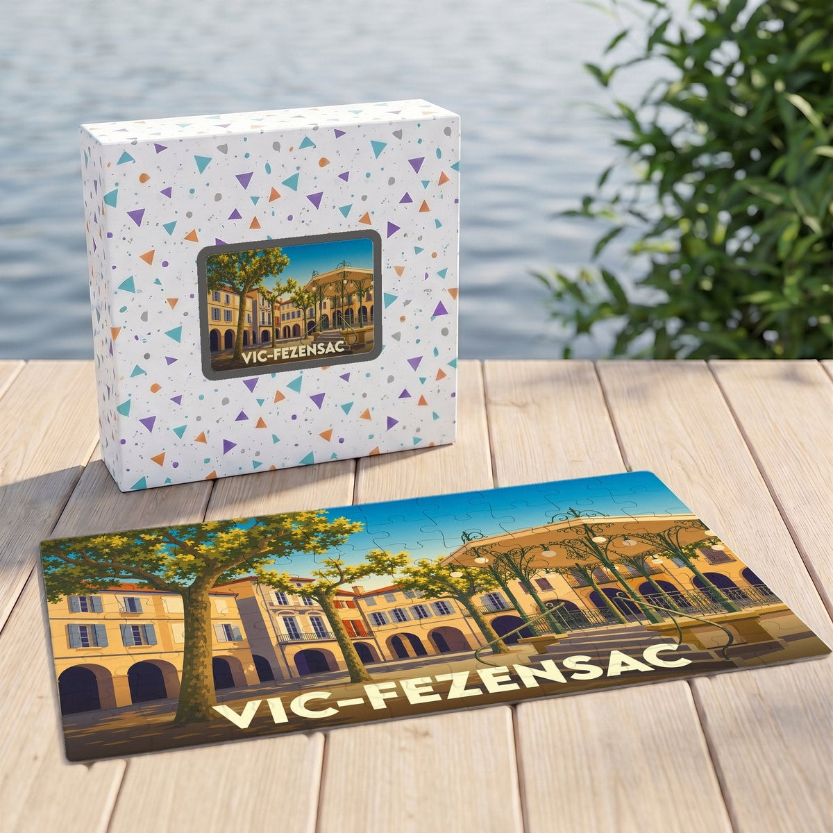 Puzzle souvenir de la ville de Vic-Fezensac avec une illustration stylisée.