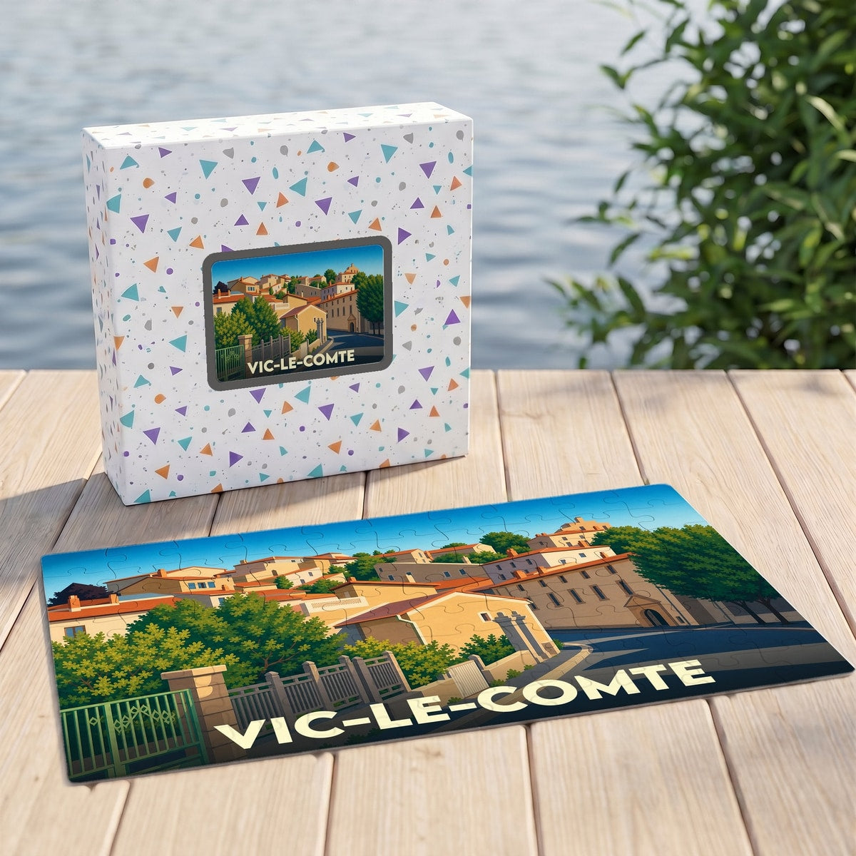 Puzzle souvenir de la ville de Vic-le-Comte avec une illustration stylisée et colorée.