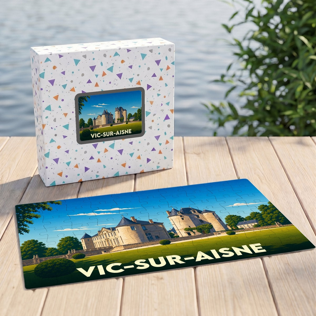 Puzzle souvenir de la ville de Vic-sur-Aisne avec une illustration stylisée d'un château.