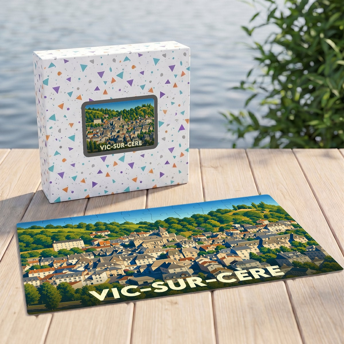 Puzzle souvenir de la ville de Vic-sur-Cère avec une illustration stylisée et colorée.