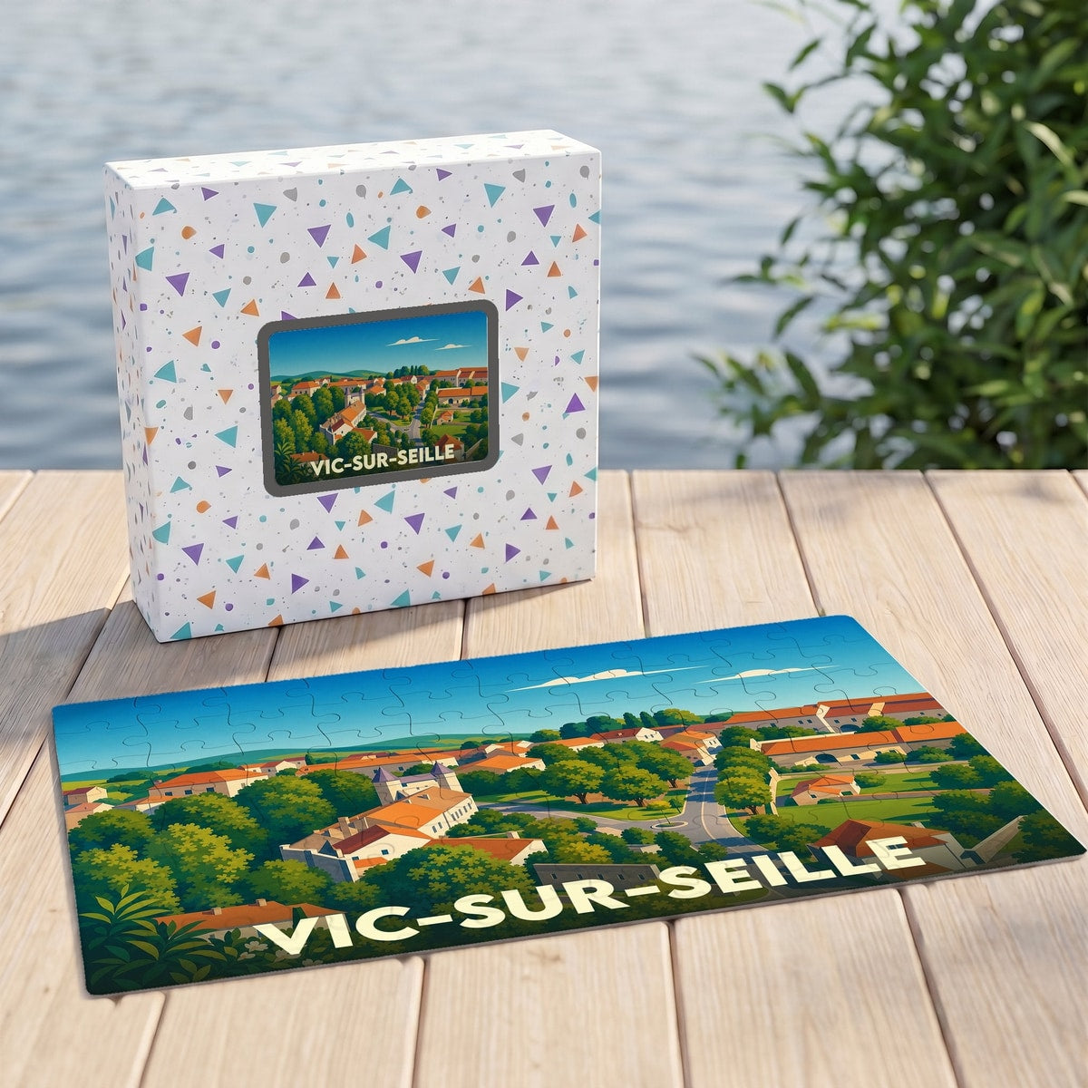 Puzzle souvenir de la ville de Vic-sur-Seille avec une illustration stylisée et sa boîte assortie.