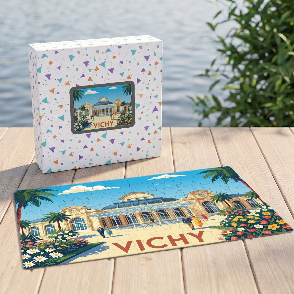Puzzle souvenir de la ville de Vichy avec une illustration de style vintage.
