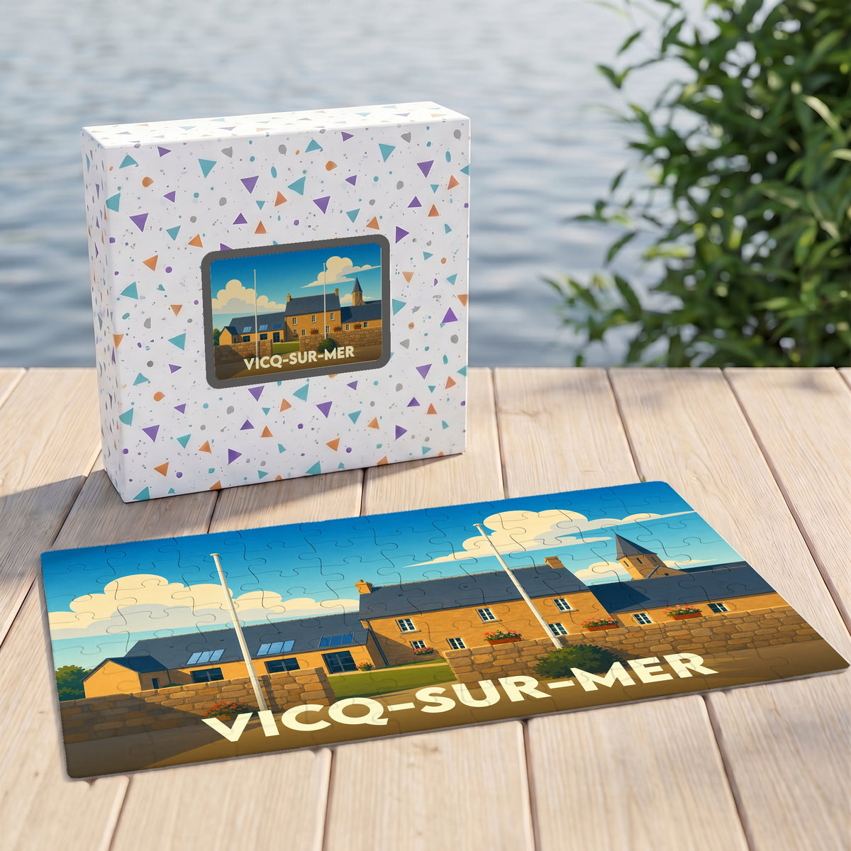 Puzzle souvenir de la ville de Vicq-sur-Mer avec une illustration stylisée de ses bâtiments côtiers.