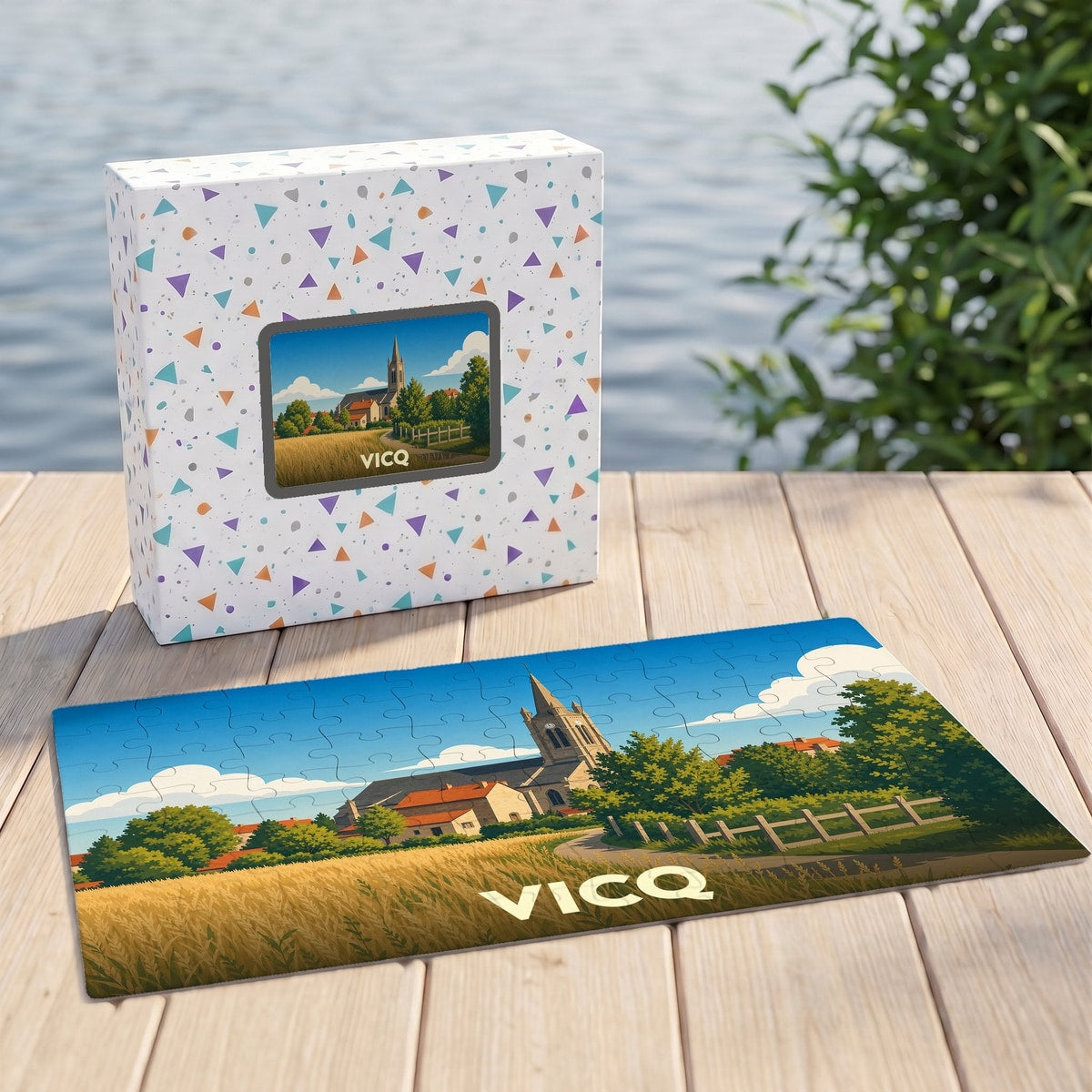 Puzzle souvenir de la ville de Vicq présentant une illustration stylisée de son église et de ses champs.