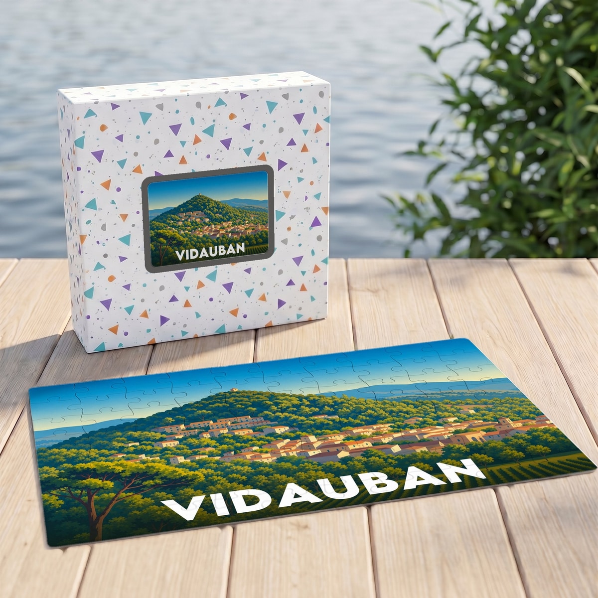 Puzzle souvenir de la ville de Vidauban avec une illustration panoramique stylisée.