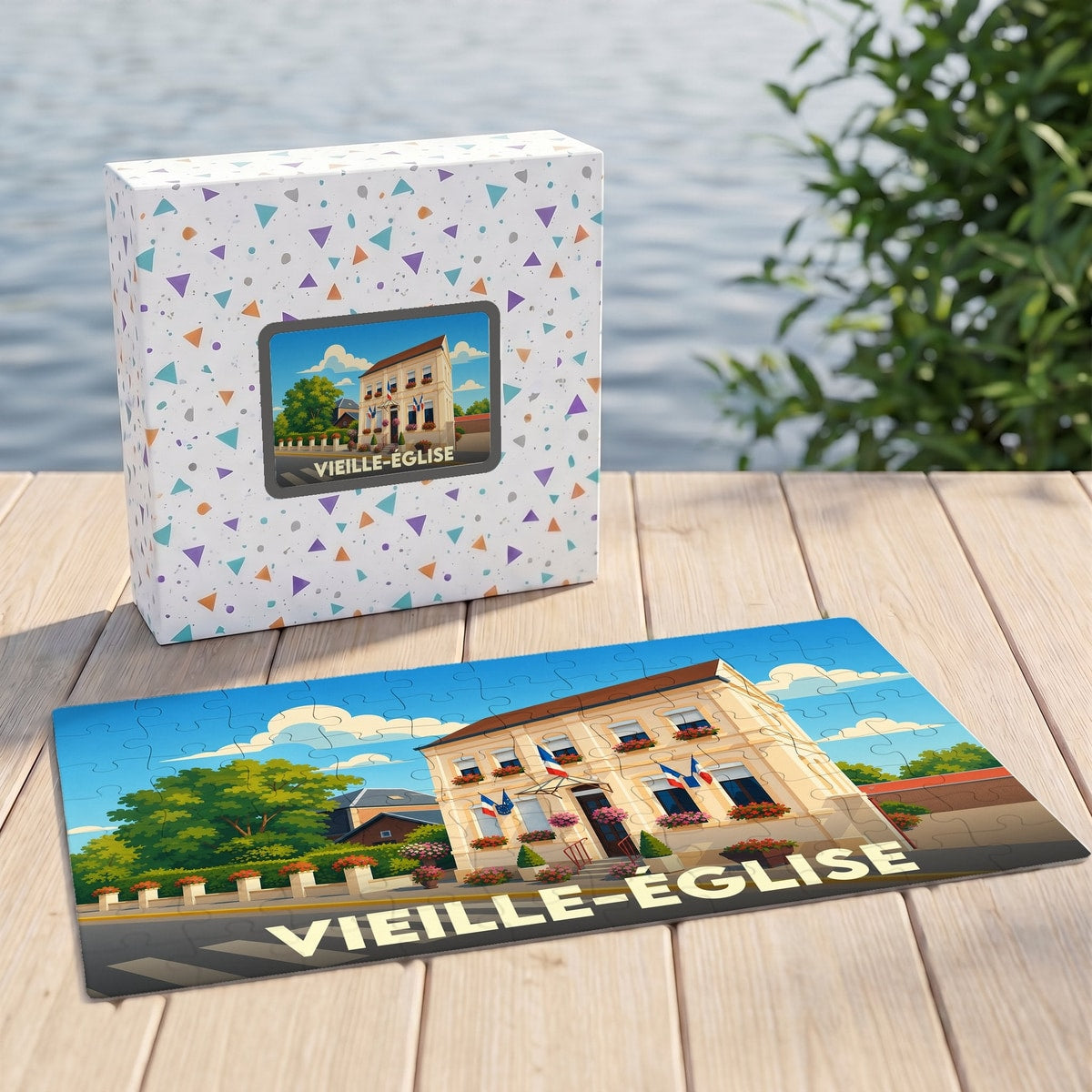 Puzzle souvenir de la ville de Vieille-Église avec une illustration colorée du bâtiment de la mairie.