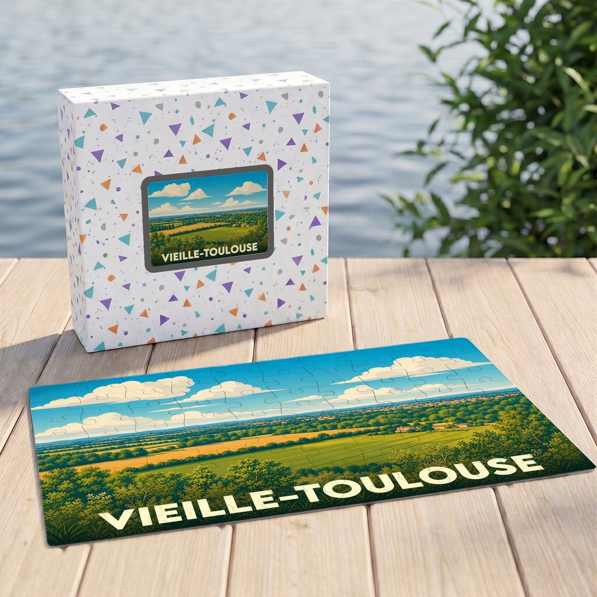 Puzzle souvenir de la ville de Vieille-Toulouse avec une illustration panoramique de paysages vallonnés.