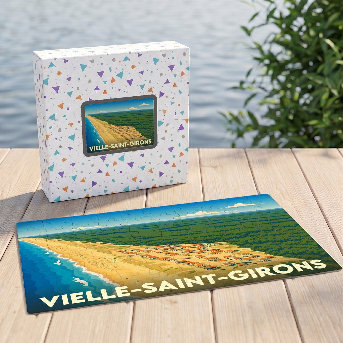 Puzzle souvenir de la ville de Vielle-Saint-Girons avec une illustration stylisée du littoral landais.
