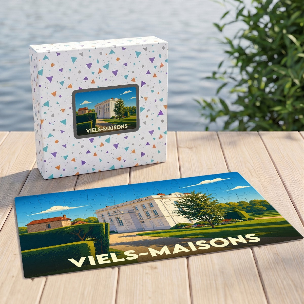 Puzzle souvenir de la ville de Viels-Maisons avec une illustration stylisée d'un château et ses jardins.