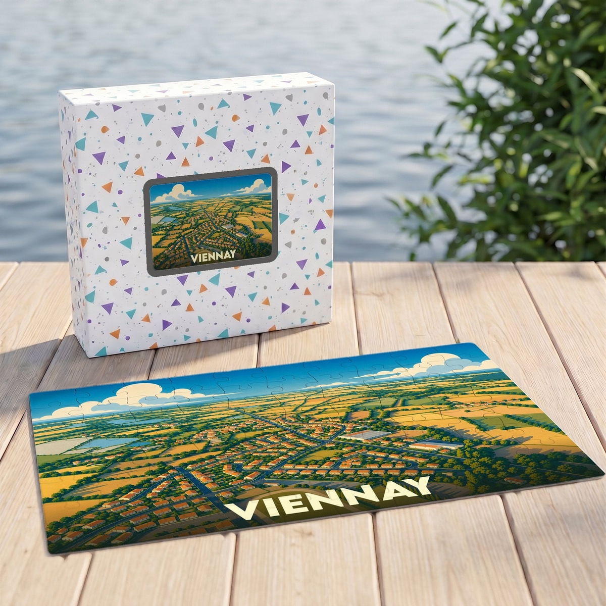 Puzzle souvenir de la ville de Viennay avec une illustration aérienne colorée.