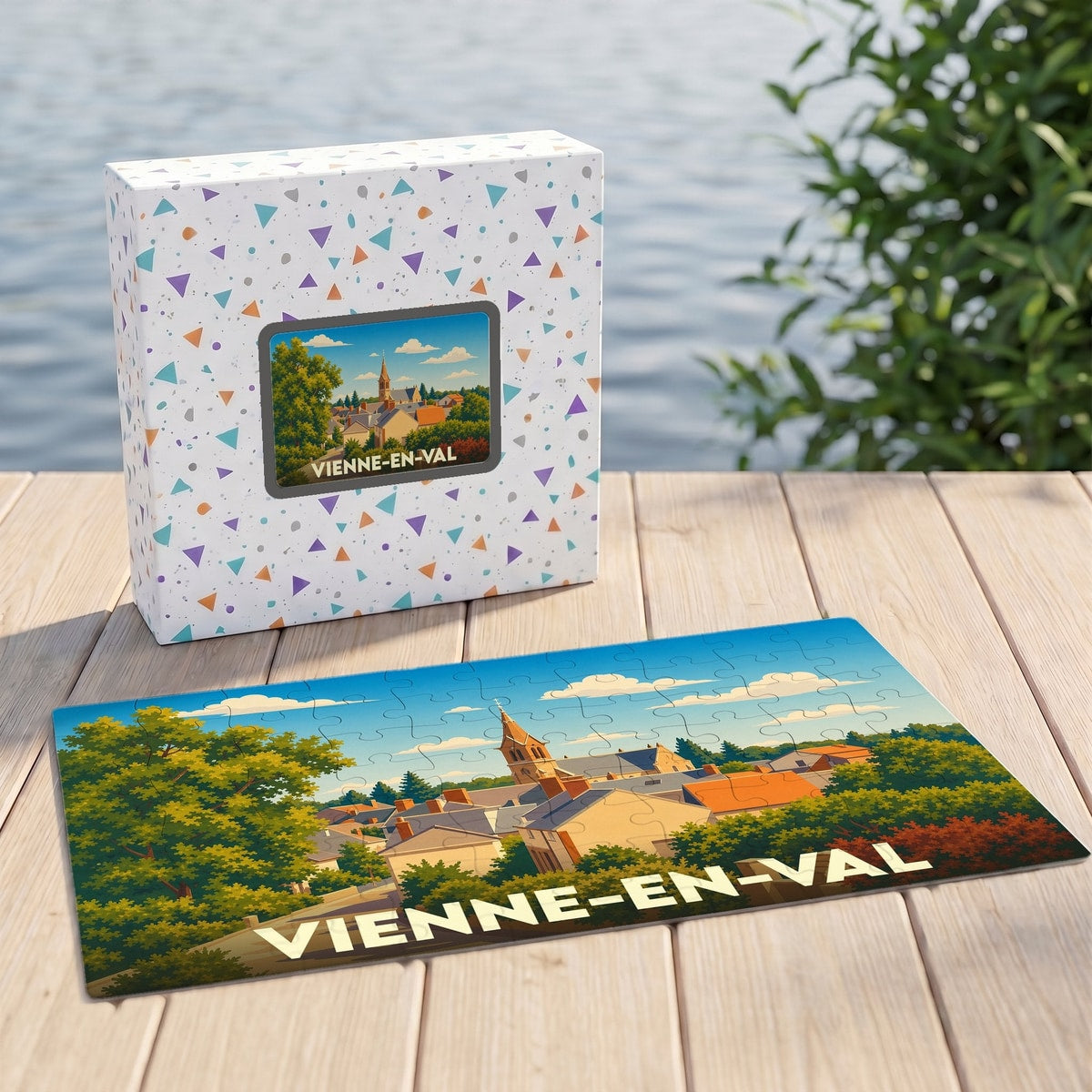 Puzzle souvenir de la ville de Vienne-en-Val avec une illustration stylisée d'un paysage urbain.