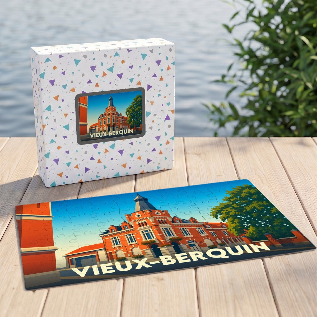 Puzzle souvenir de la ville de Vieux-Berquin avec une illustration colorée de son architecture typique.