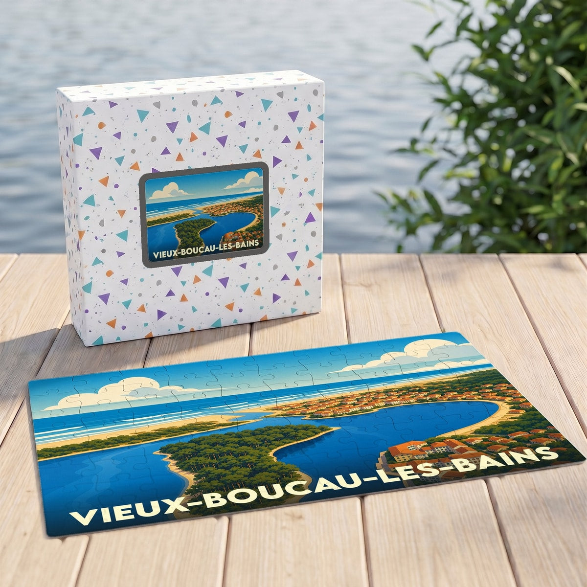 Puzzle souvenir de la ville de Vieux-Boucau-les-Bains avec une illustration panoramique stylisée de la côte landaise.