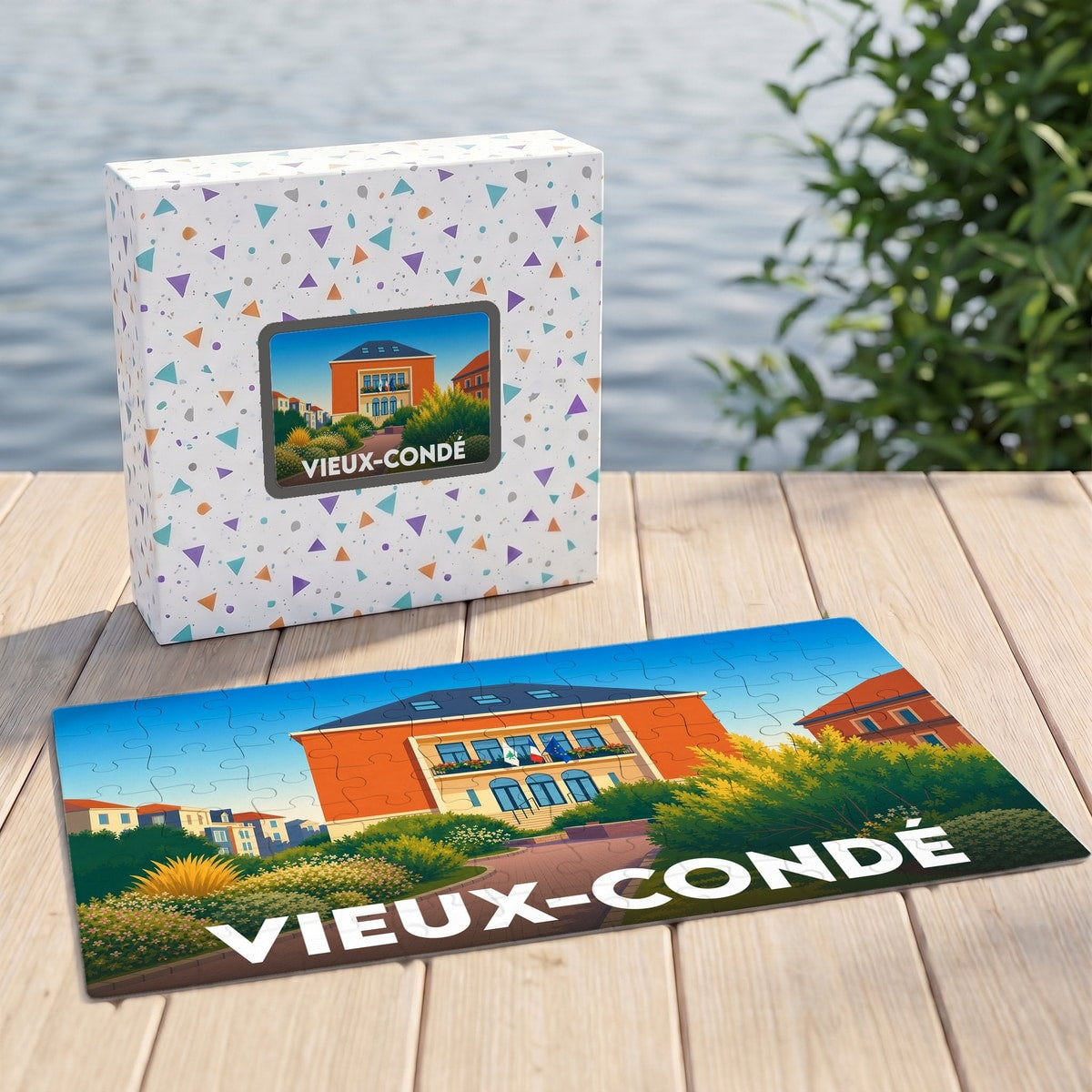 Puzzle souvenir de la ville de Vieux-Condé avec une illustration stylisée de son hôtel de ville.