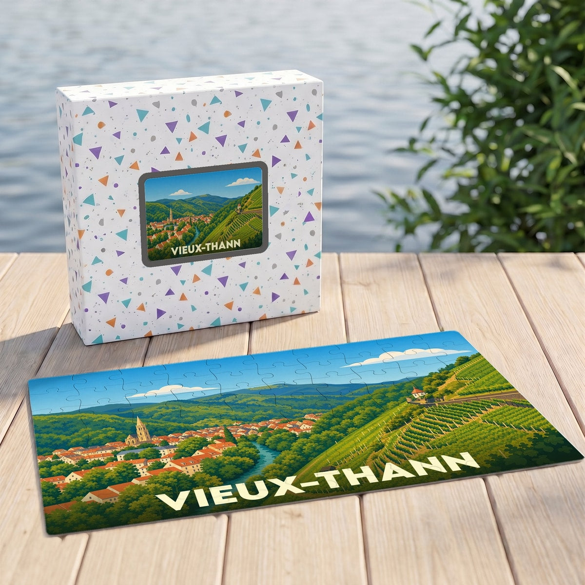 Puzzle souvenir de la ville de Vieux-Thann avec une illustration stylisée d'un paysage de vignobles alsaciens.