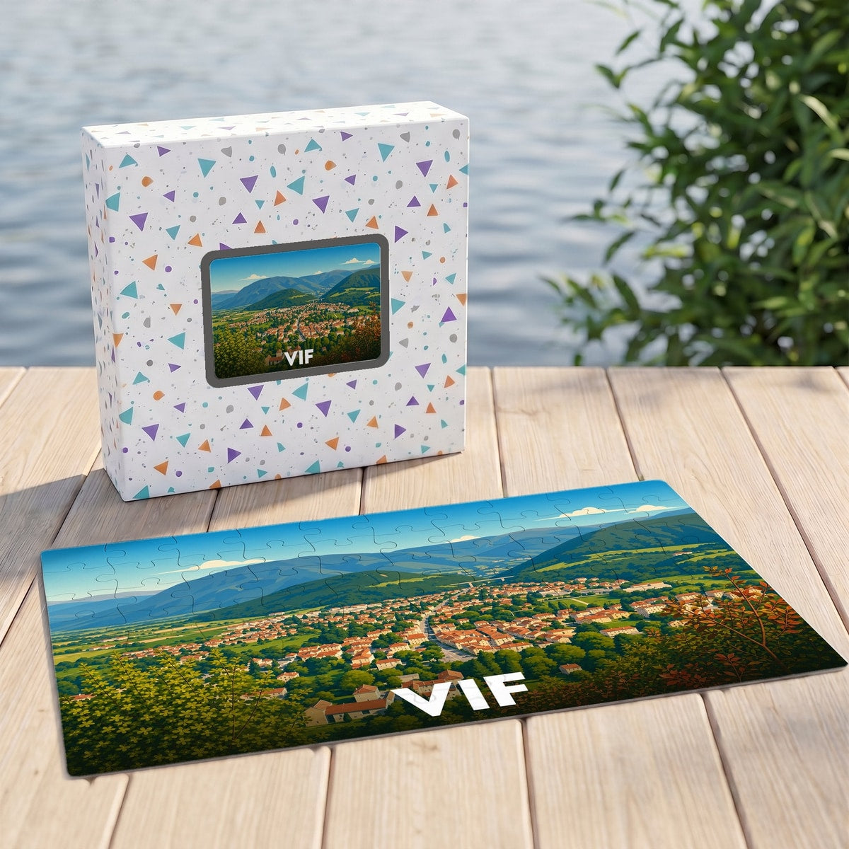 Puzzle souvenir de la ville de Vif avec une illustration panoramique stylisée.
