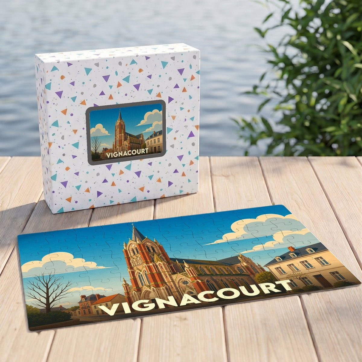 Puzzle souvenir de la ville de Vignacourt avec une illustration stylisée d'une église et de son village.