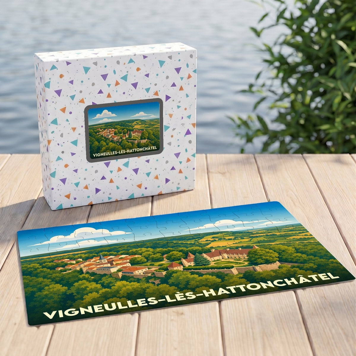 Puzzle souvenir de Vigneulles-lès-Hattonchâtel présentant une illustration panoramique de la ville et de son château.