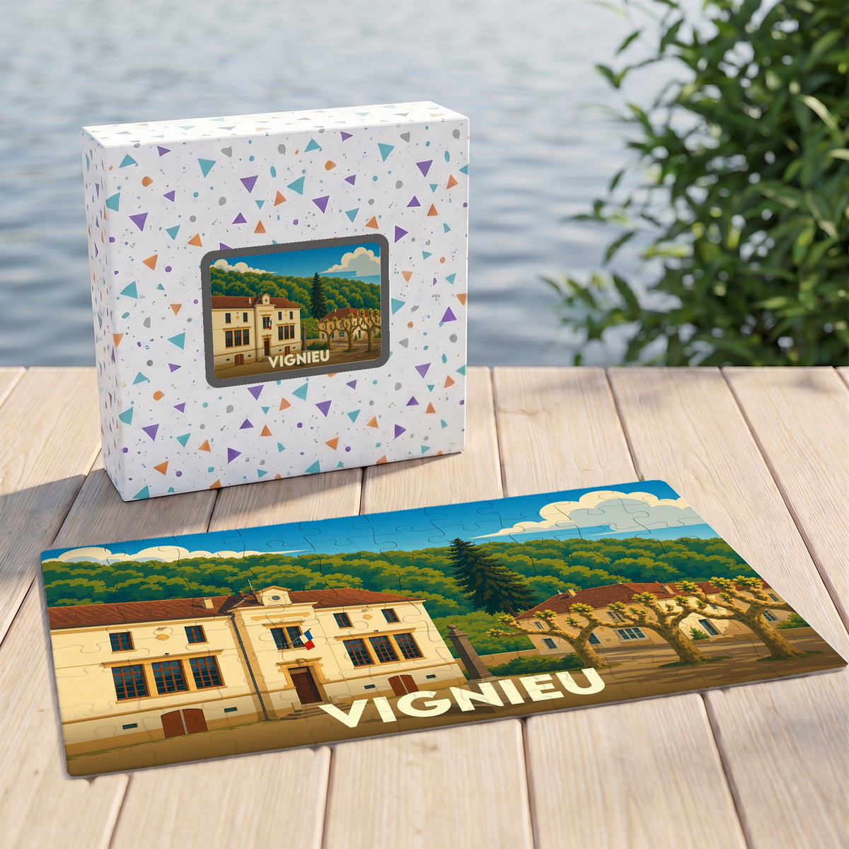 Puzzle souvenir de la ville de Vignieu avec une illustration stylisée de sa mairie.