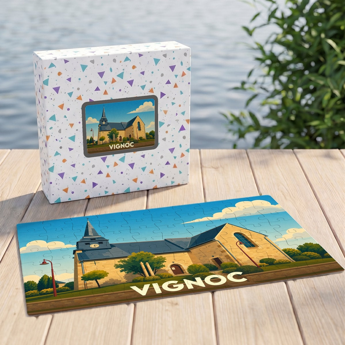Puzzle souvenir de la ville de Vignoc avec une illustration stylisée de son église.