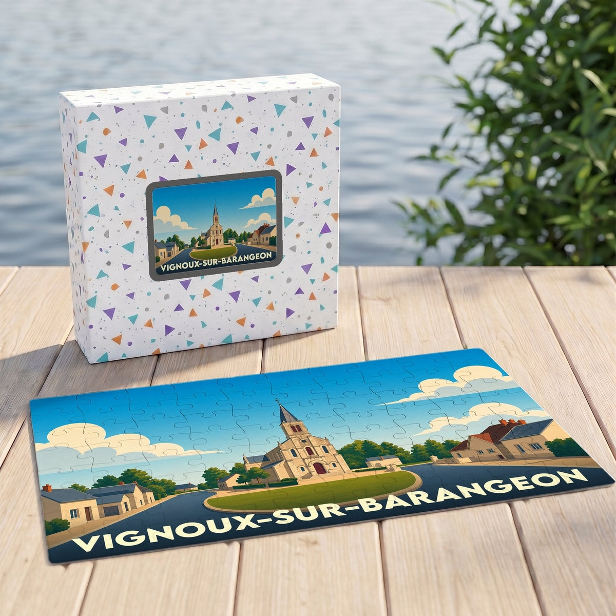 Puzzle souvenir de la ville de Vignoux-sur-Barangeon avec une illustration stylisée.