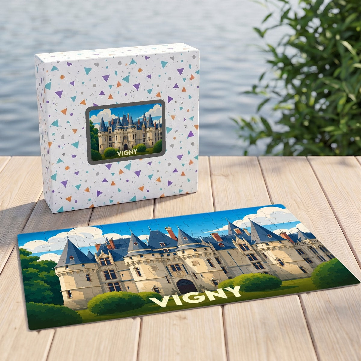 Puzzle souvenir de la ville de Vigny avec une illustration stylisée de son château.