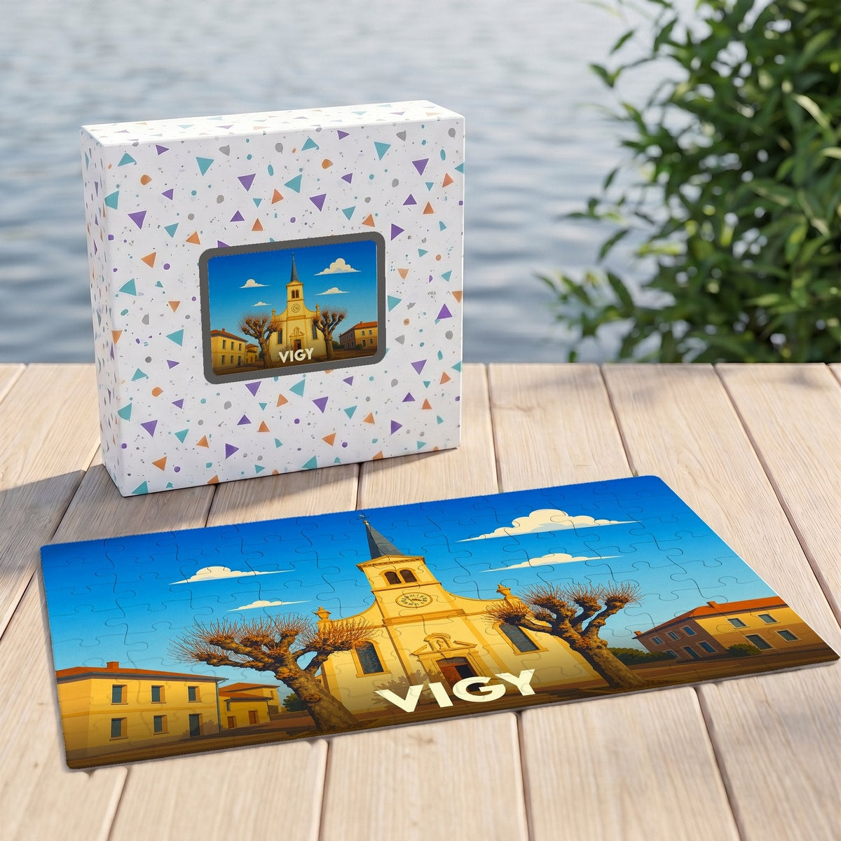 Puzzle souvenir de la ville de Vigy avec une illustration stylisée de son église.