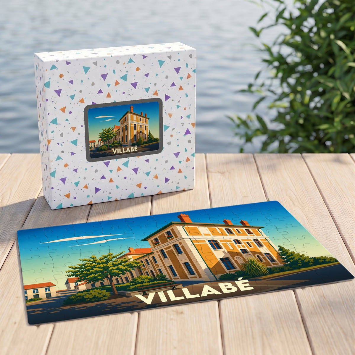 Puzzle souvenir de la ville de Villabé avec une illustration stylisée d'un bâtiment historique.