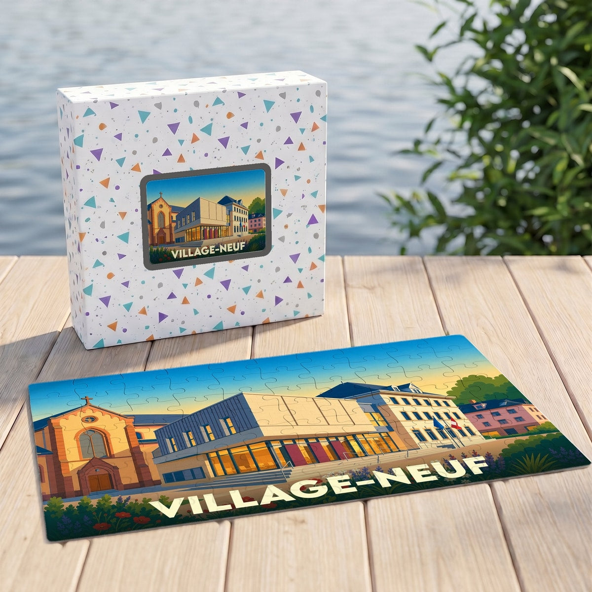 Puzzle souvenir de la ville de Village-Neuf avec une illustration colorée et stylisée de ses bâtiments emblématiques.