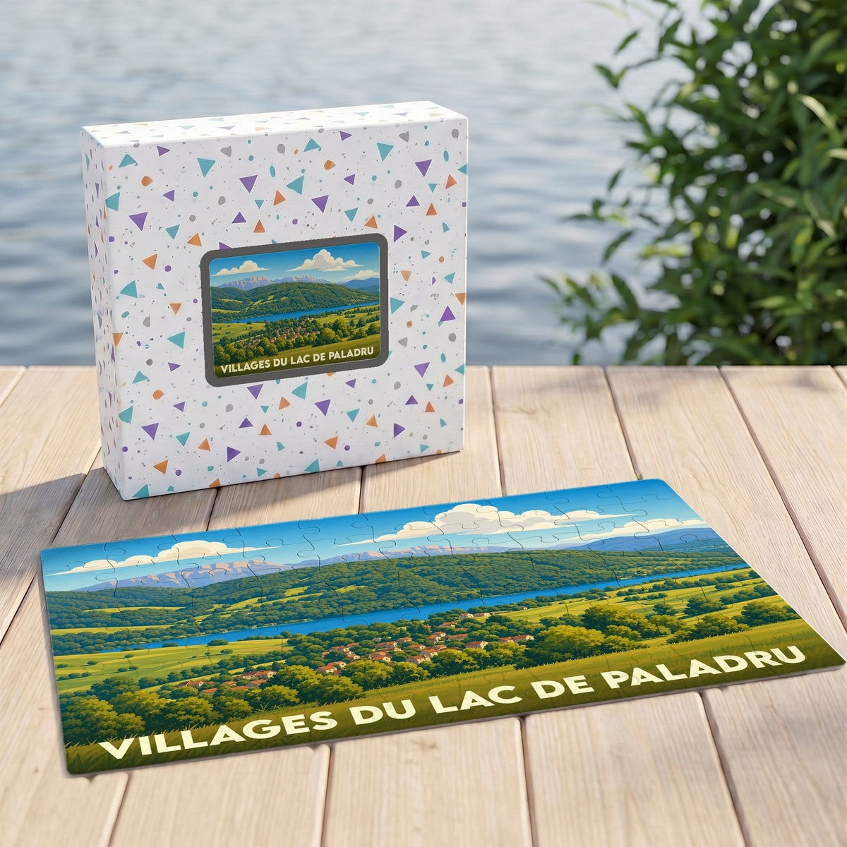 Puzzle souvenir des Villages du Lac de Paladru présentant une illustration panoramique et colorée du lac et de ses environs.
