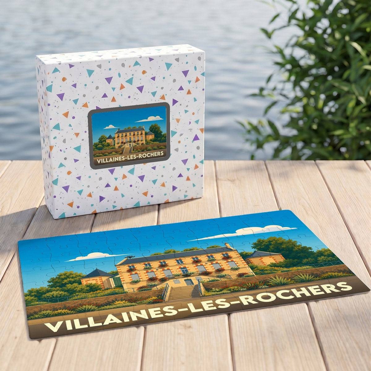 Puzzle souvenir de la ville de Villaines-les-Rochers avec une illustration stylisée d'un bâtiment historique.
